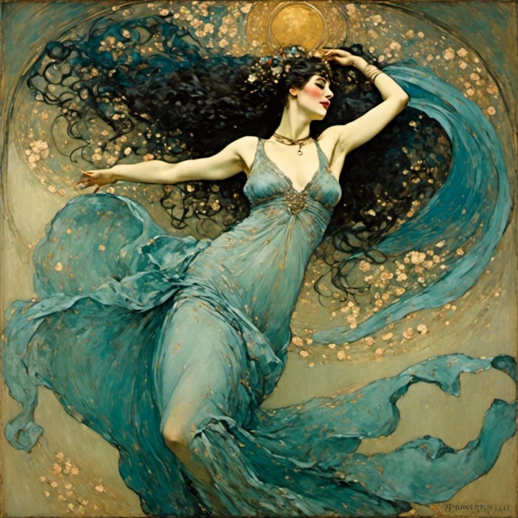 Beautiful Woman in Fin-de-Siecle Dress, Photo-Nouveau Style