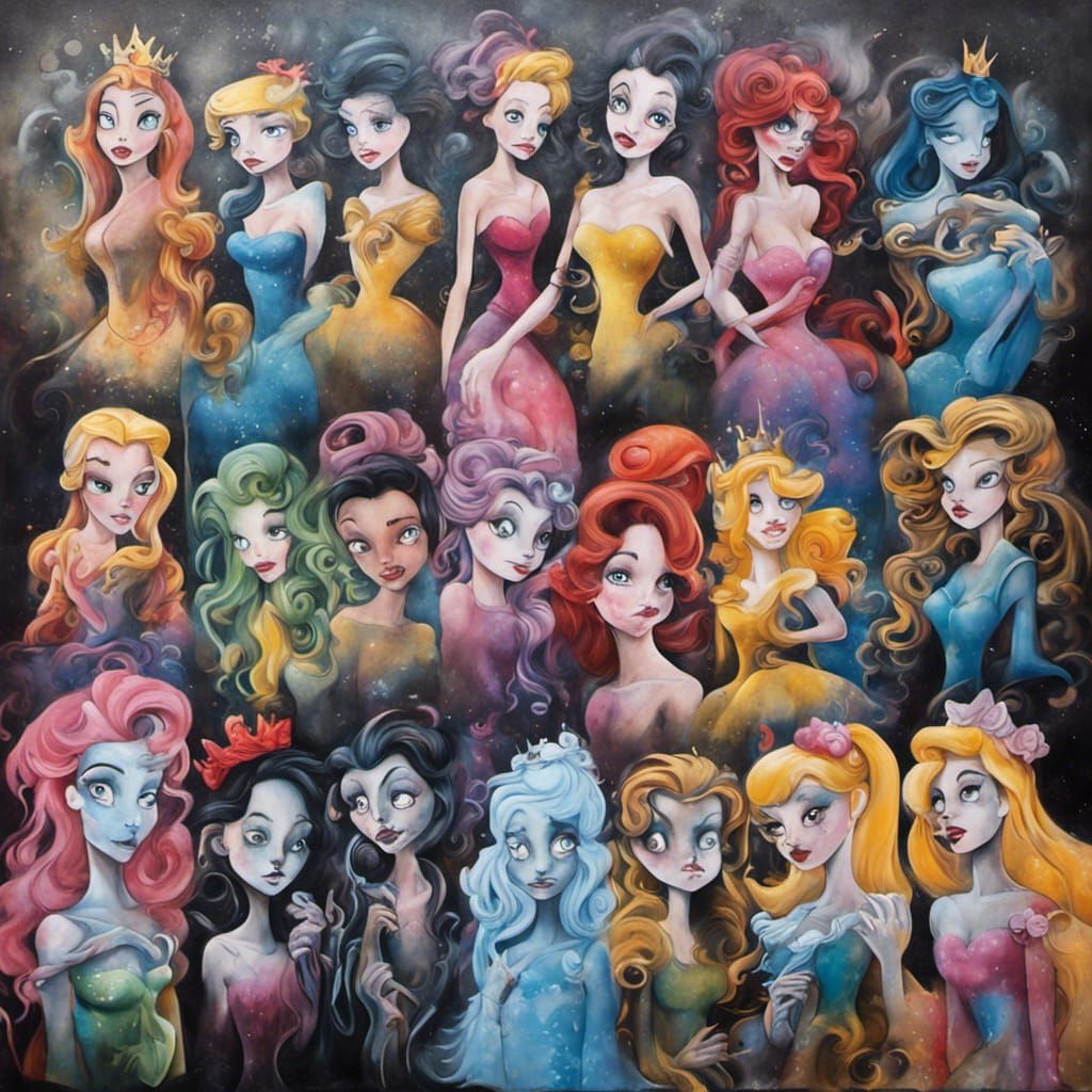 Surreal Disney Princesses in Tim Burton Graffiti Style