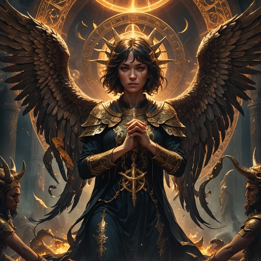 Angelic Woman Crying Before Baphomet: Fantasy Art