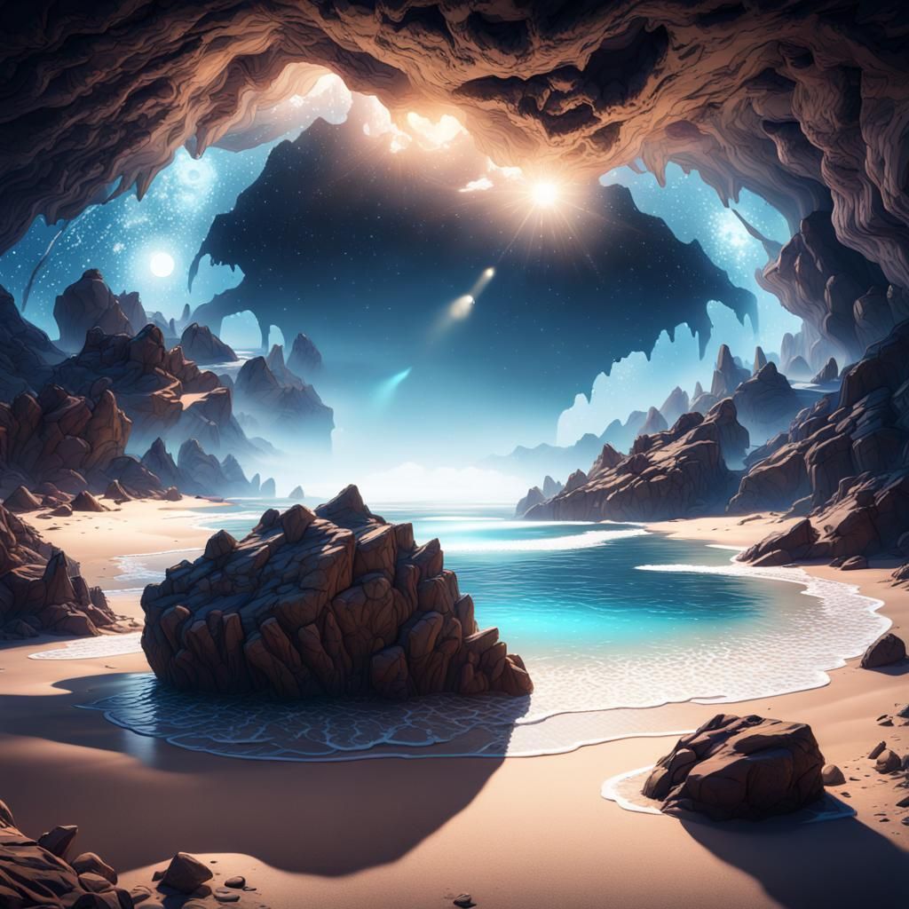 Enchanting Starry Sky View from a Cavern Beach