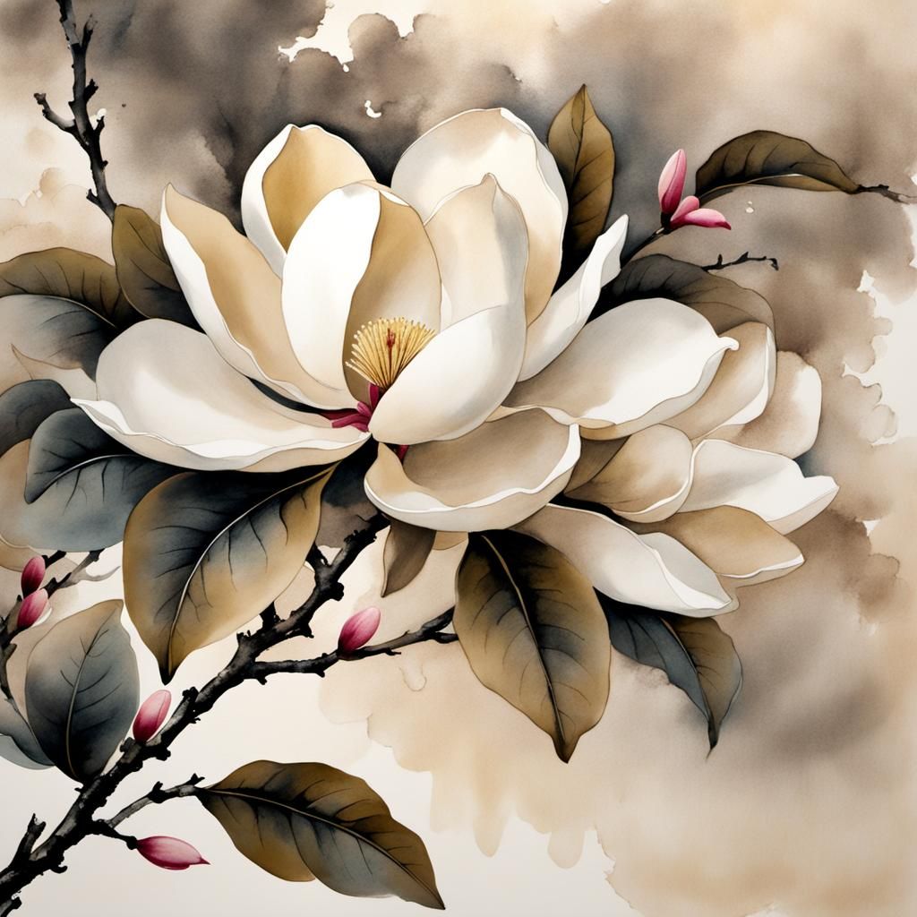 Magnolia in Muted Chinese Ink Painting Style