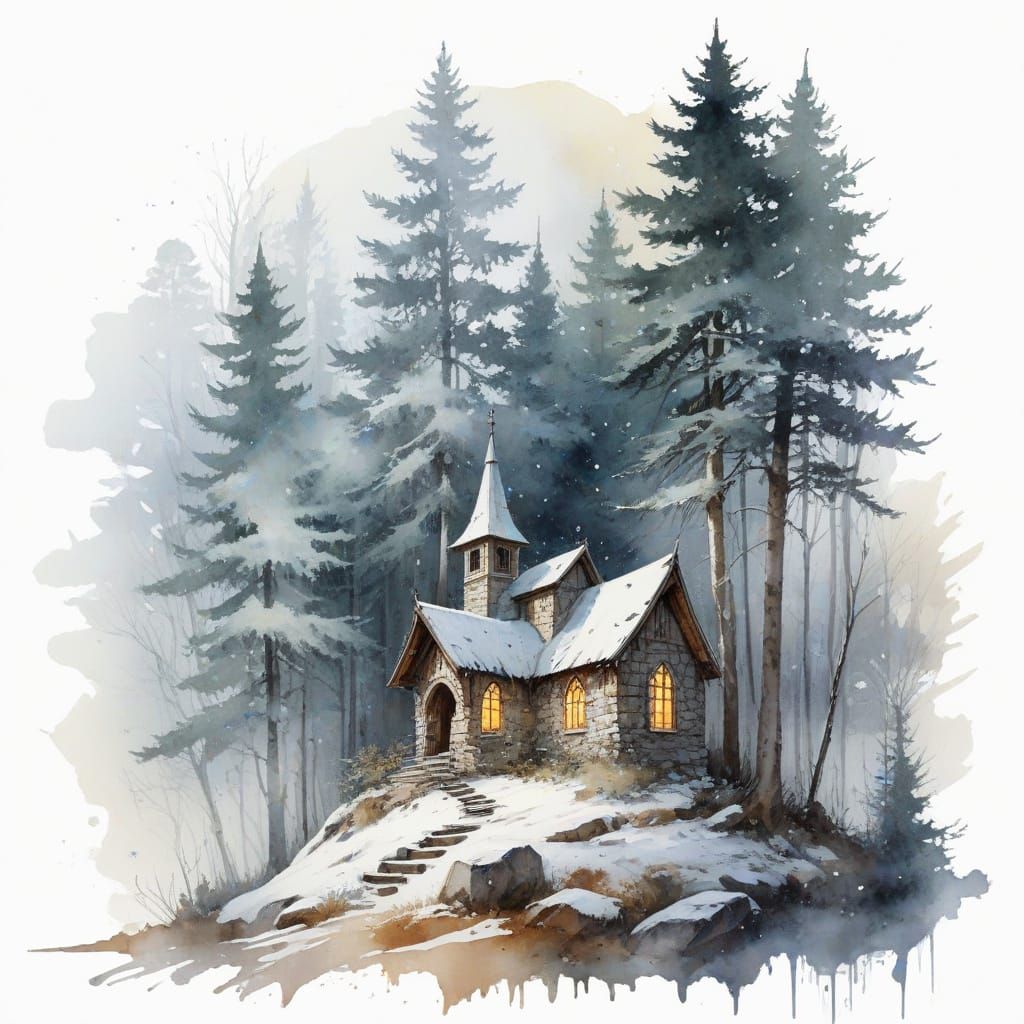 Snowy Chapel Under Winter Moonlight