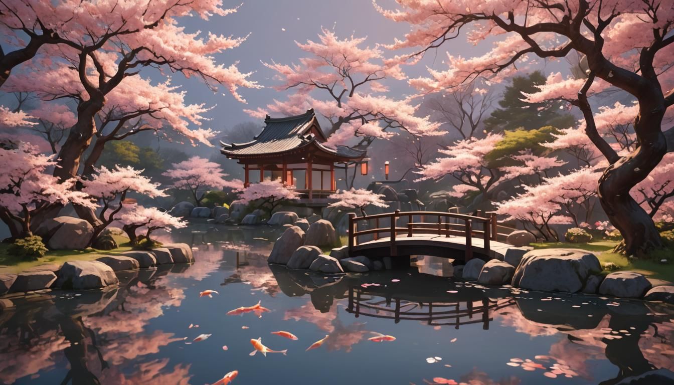 Cherry Blossoms Over Koi Pond: Vibrant 3D Anime Art
