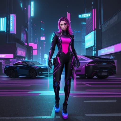 Futuristic Police Officer in Neon Cityscape