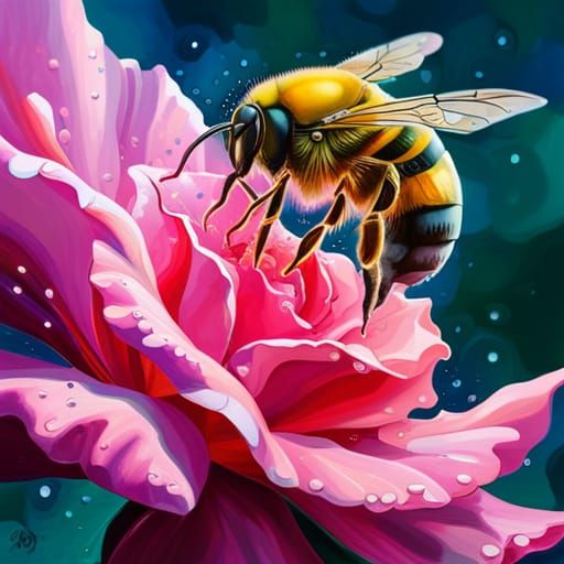 Bee and Dewdrop Rose: Hyperdetailed Digital Painting