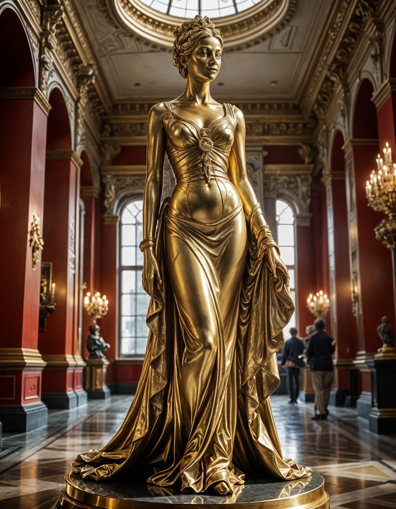 Golden Goddess in Classical Museum Setting