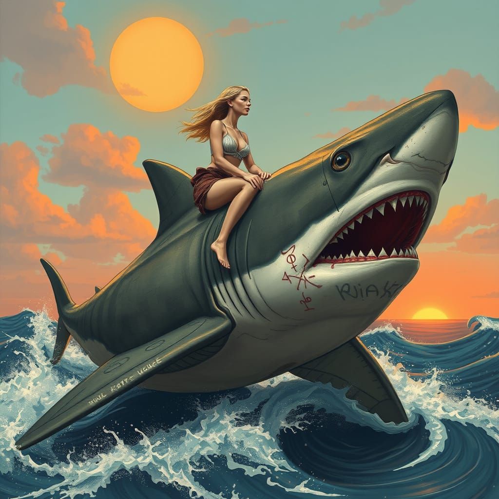 Woman Rides Shark on Sunburnt Horizon