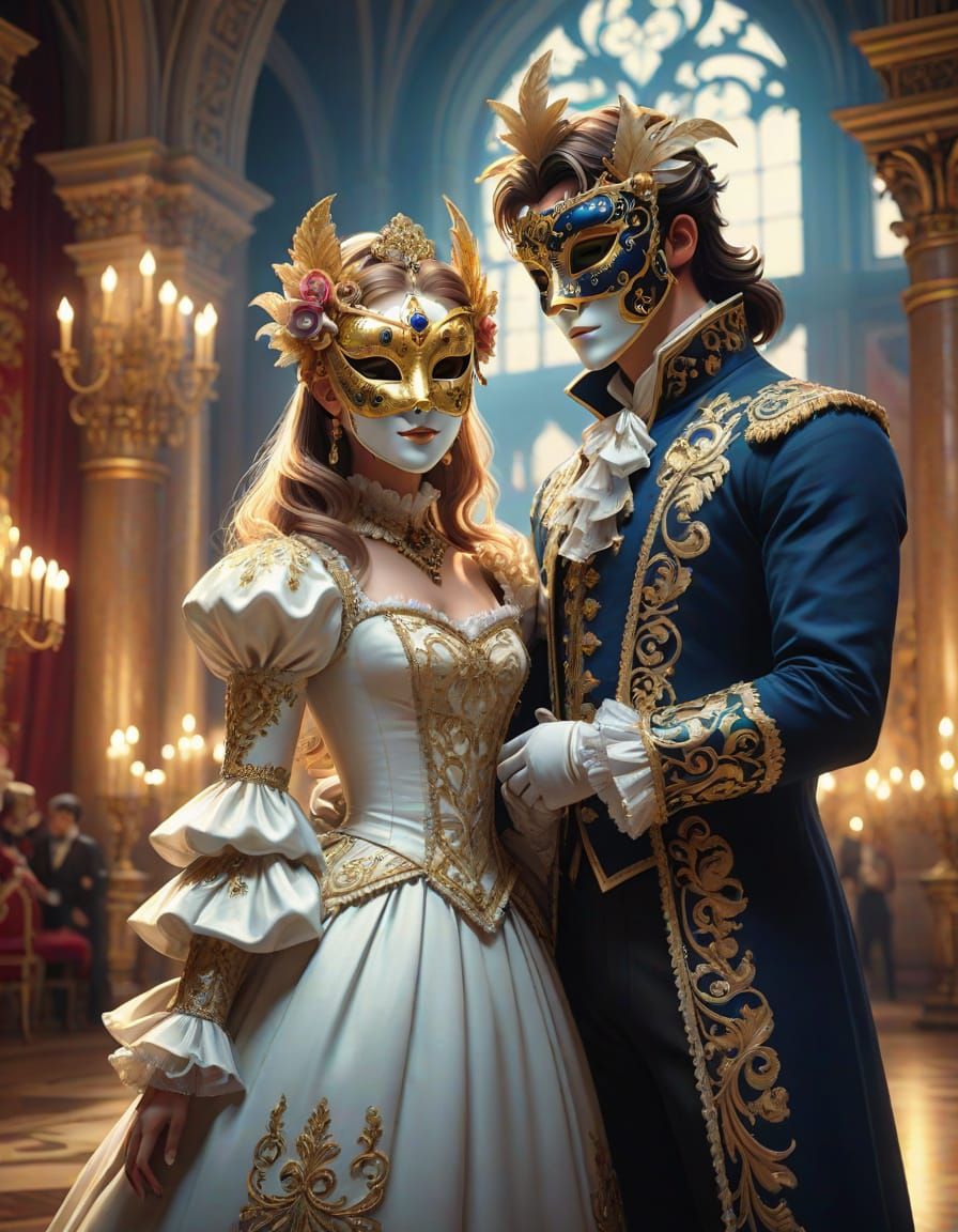 Ethereal Ballroom Masquerade in Baroque Anime Style