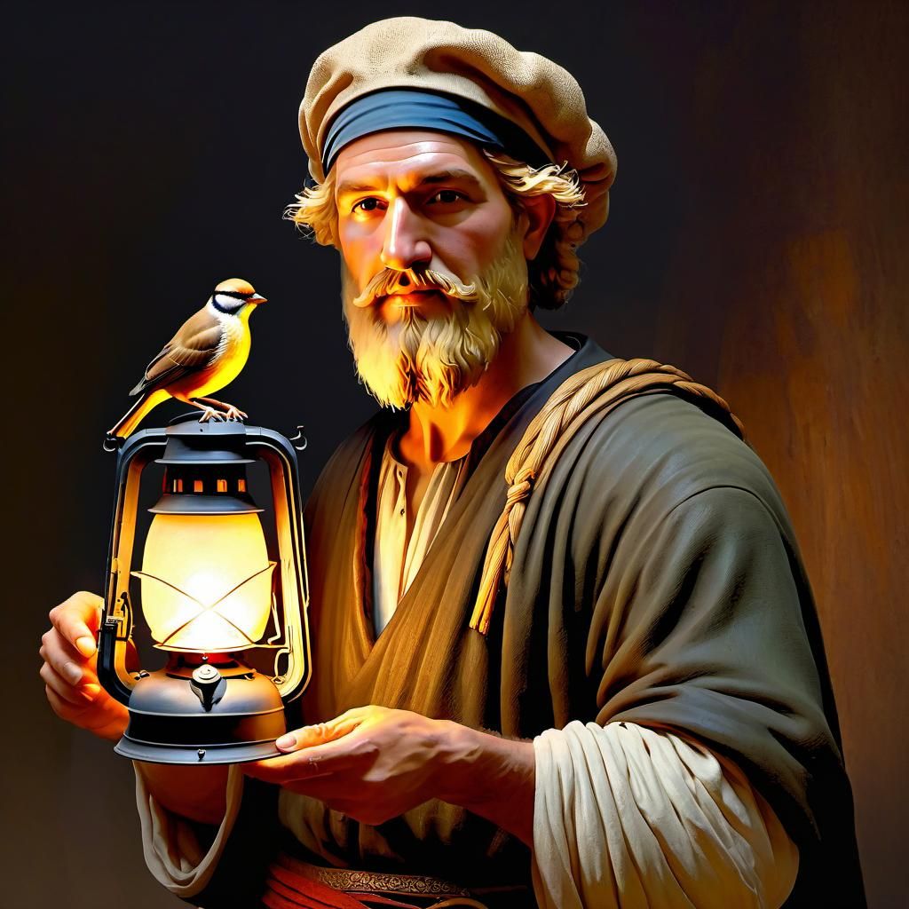 Greek Peasant with Lantern in Rembrandt Lighting