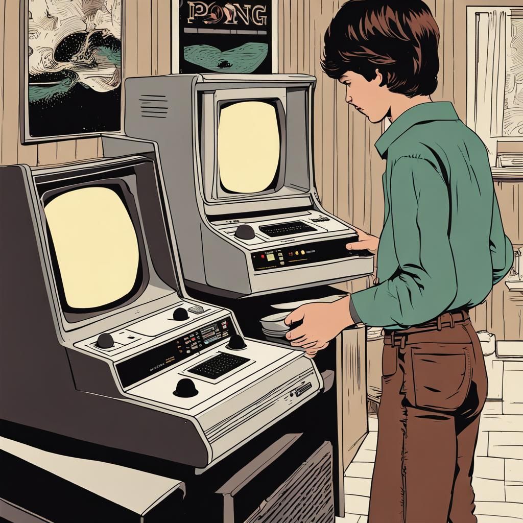 Retro Gaming: Boys Playing Pong in 70s Style