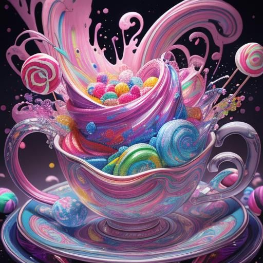 Colorful Cups with Unusual Objects, in Candy Art Style