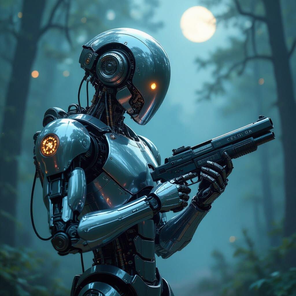 Future Automaton Guards Mystical Forest in Ethereal Moonligh...