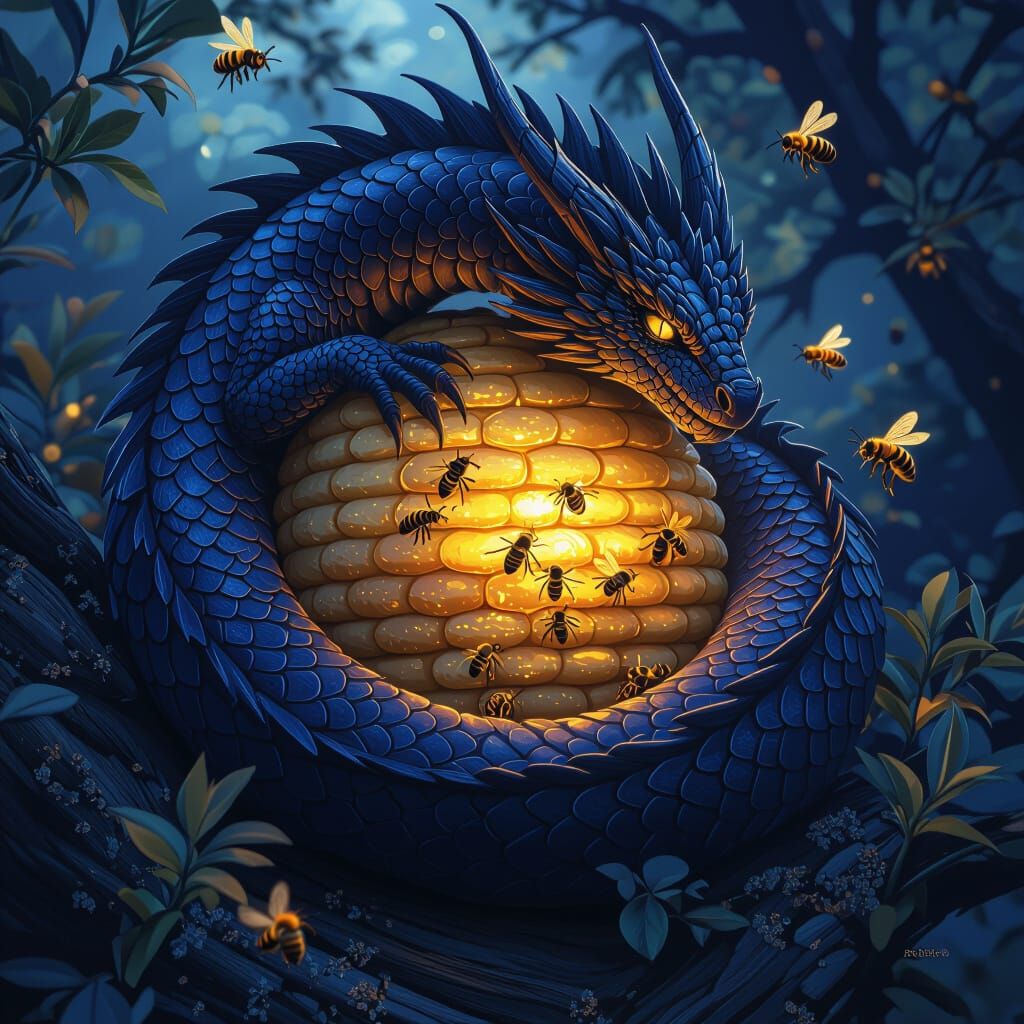 Dragon Guarding Beehive in Dark, Detailed Fantasy Art