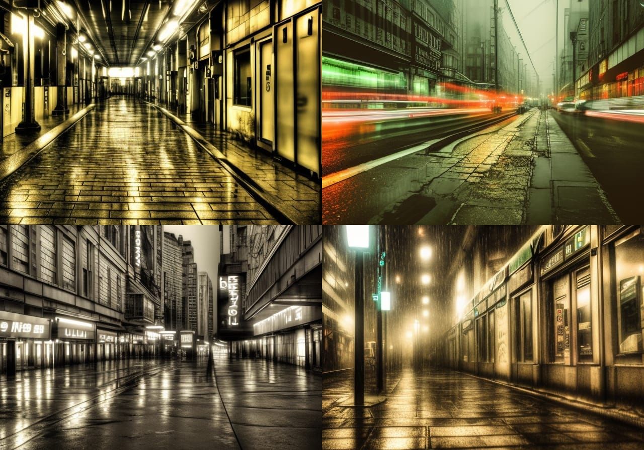 Neon Grimdark Rainy Cityscape in Hyperrealistic Style