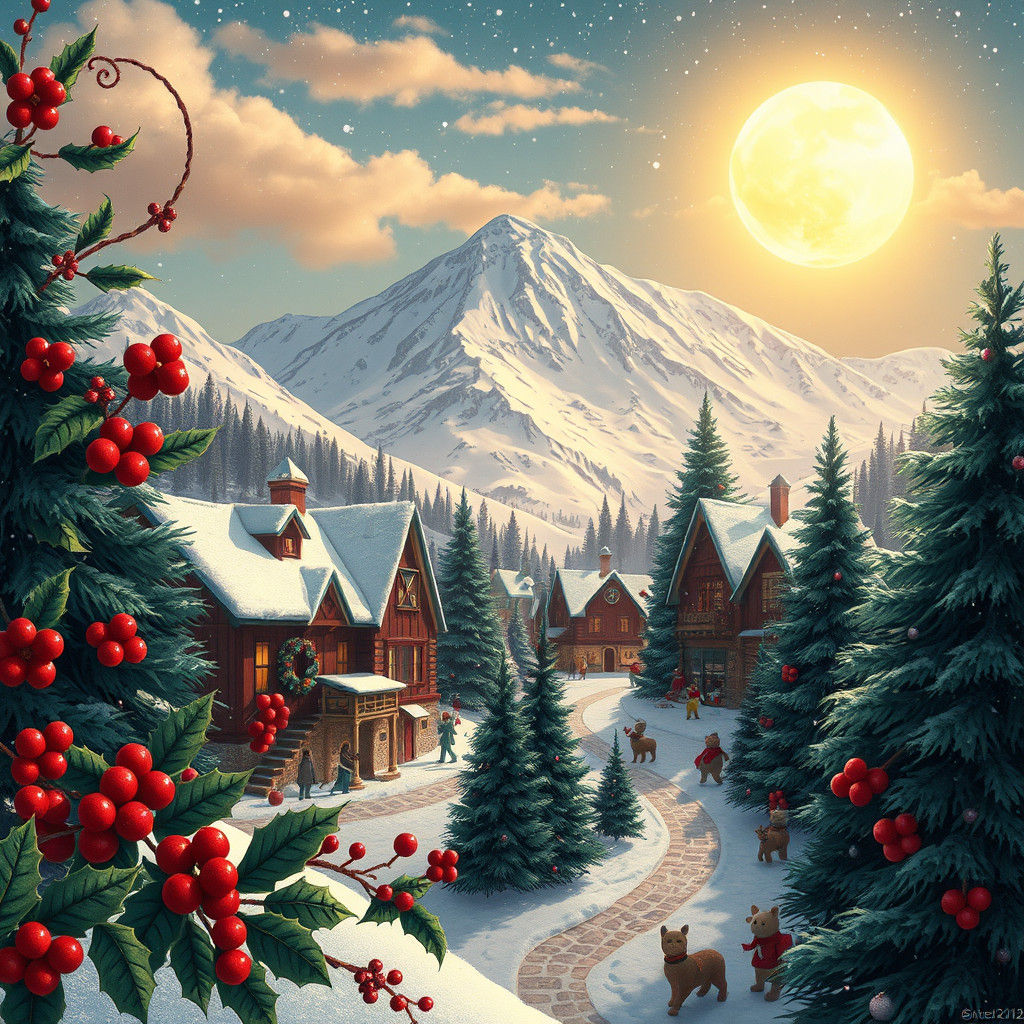 Vintage Holiday Village Postcard in Nostalgic Style