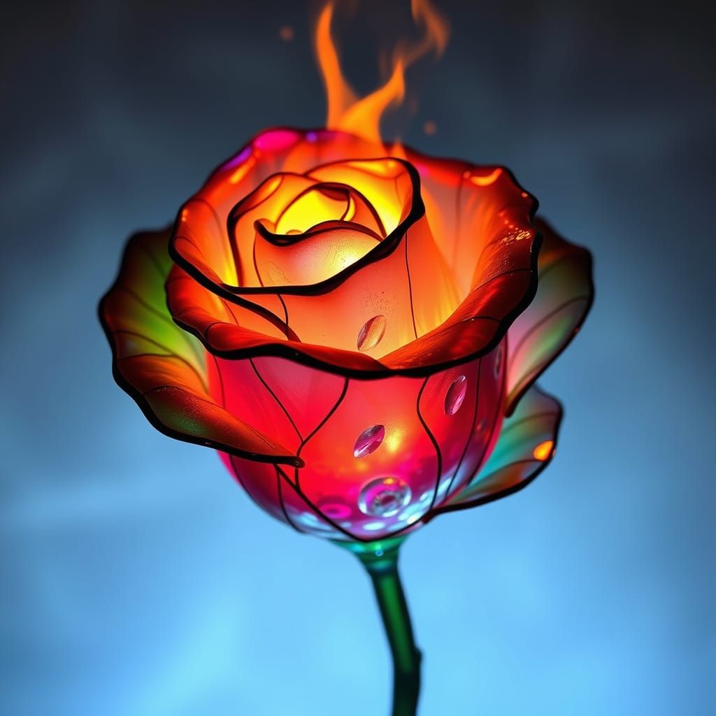 Stained Glass Rose Ablaze in Kaleidoscope Colors