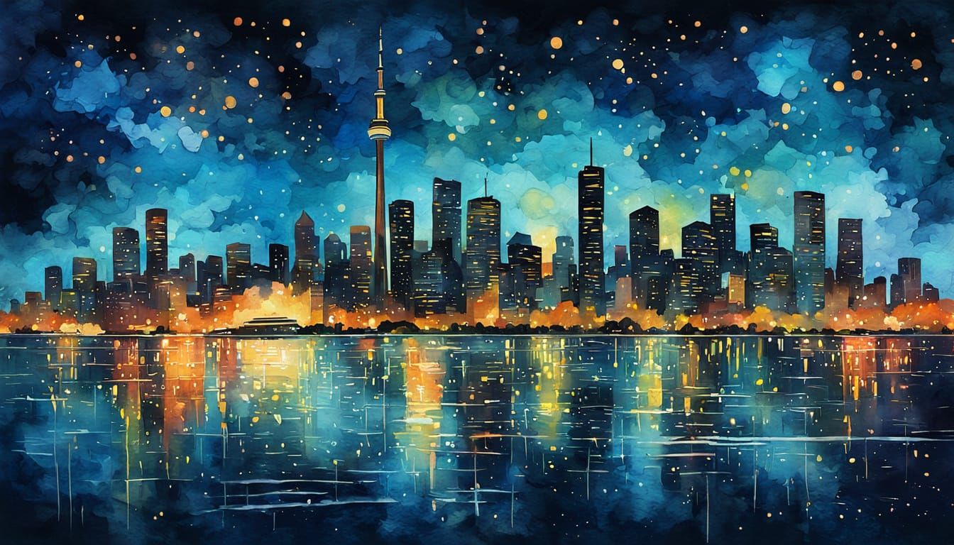 Toronto Skyline Under Starry Night Sky in Watercolour Style