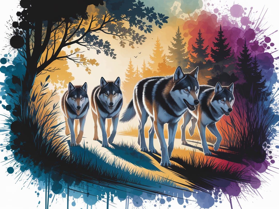 Wolves in a Vibrant, Dreamy Landscape, Digital Watercolor Ar...