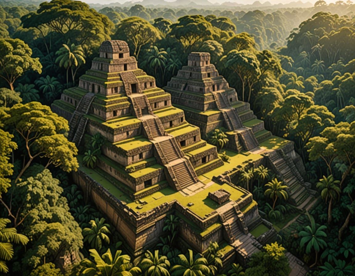 Palenque City Ruins in Vibrant Oil Painting Style