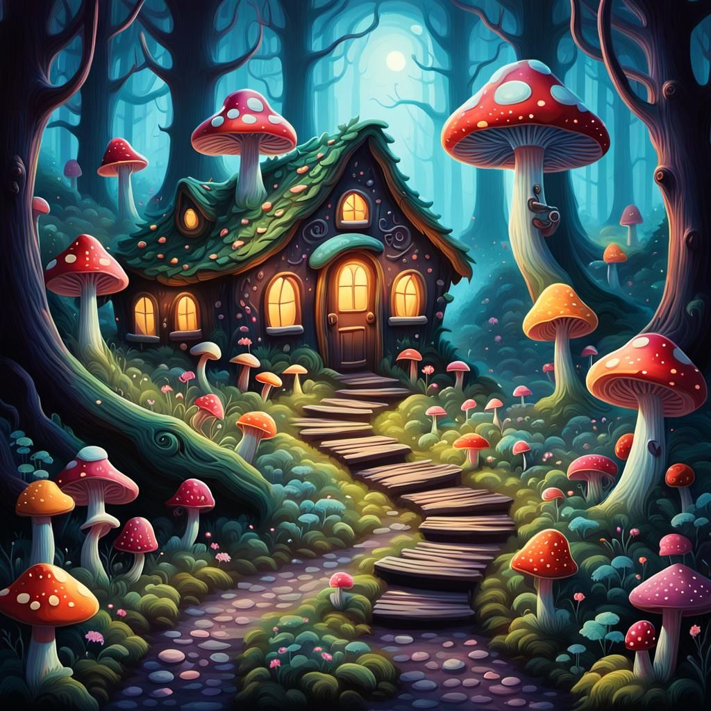 Mystical Cabin in Whimsical Candy Art Forest