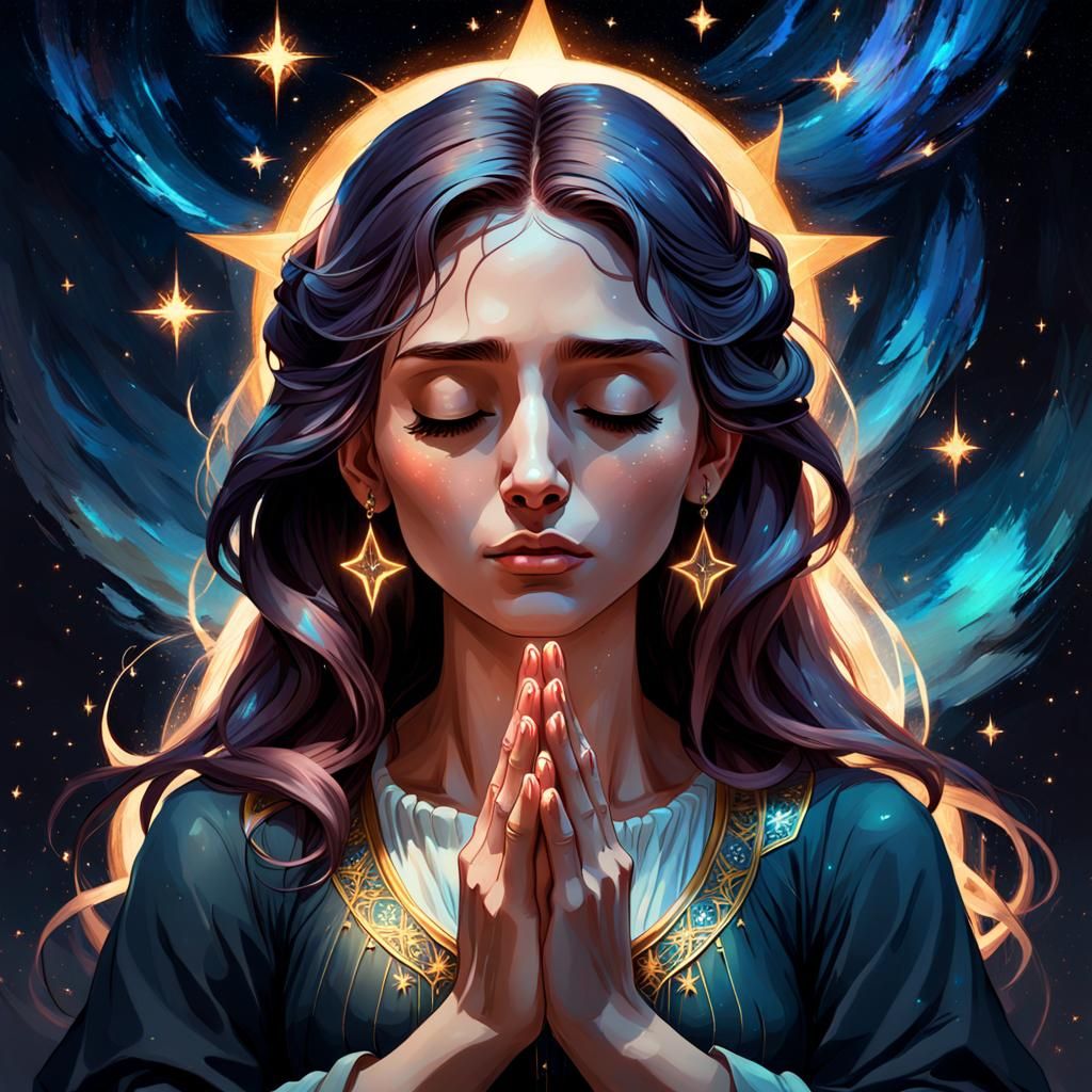 Woman Praying to Stars: Hyperdetailed Concept Art