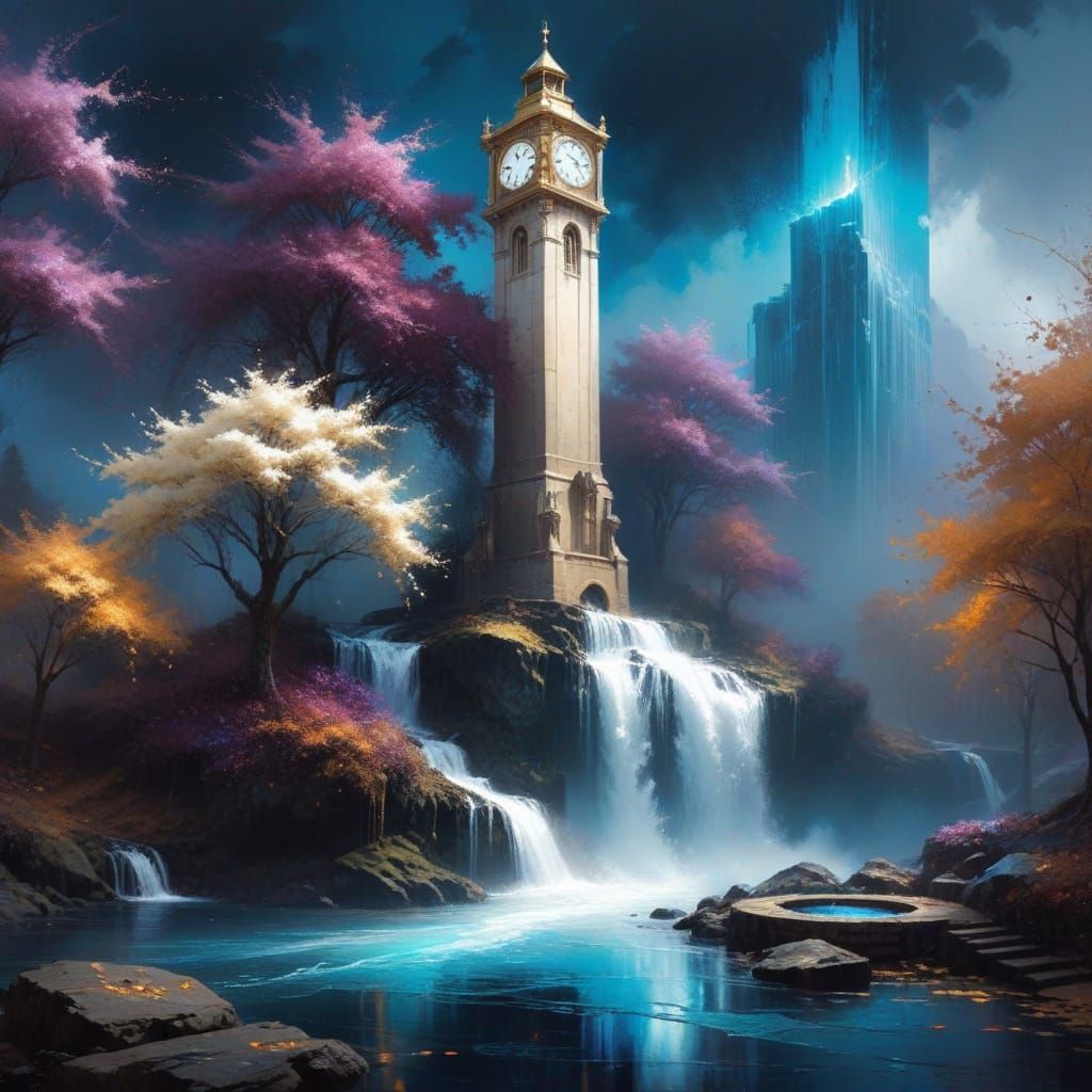 Autumn Clock Tower Masterpiece in Whimsical Grunge Style
