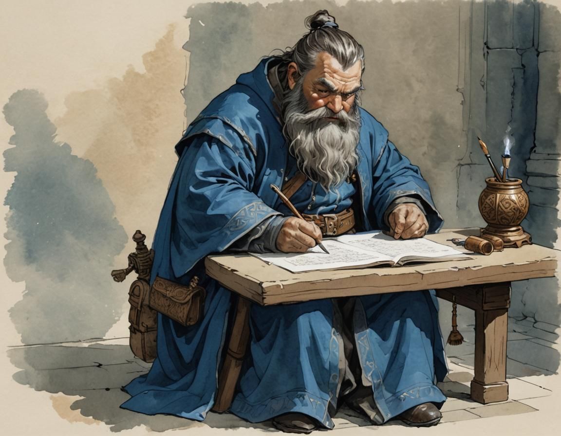 Dwarf Scribe in Blue Robe at Imperial Examination