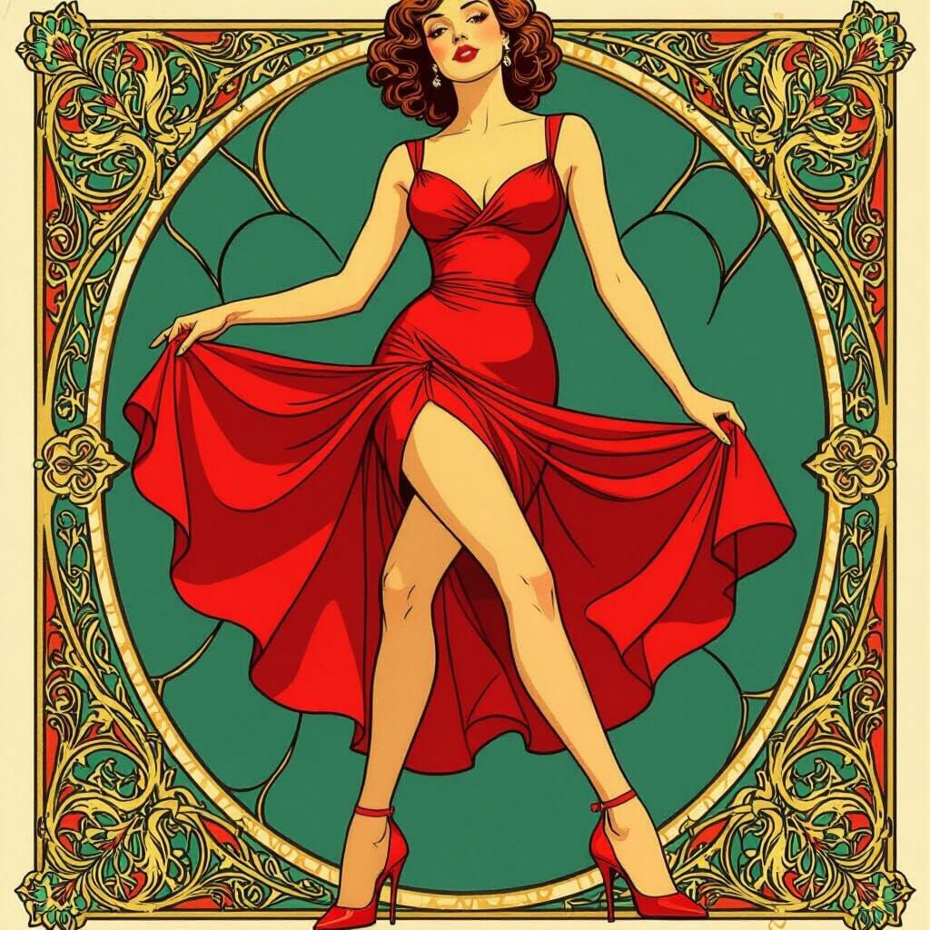 Woman in Red Dress, Art Nouveau Style