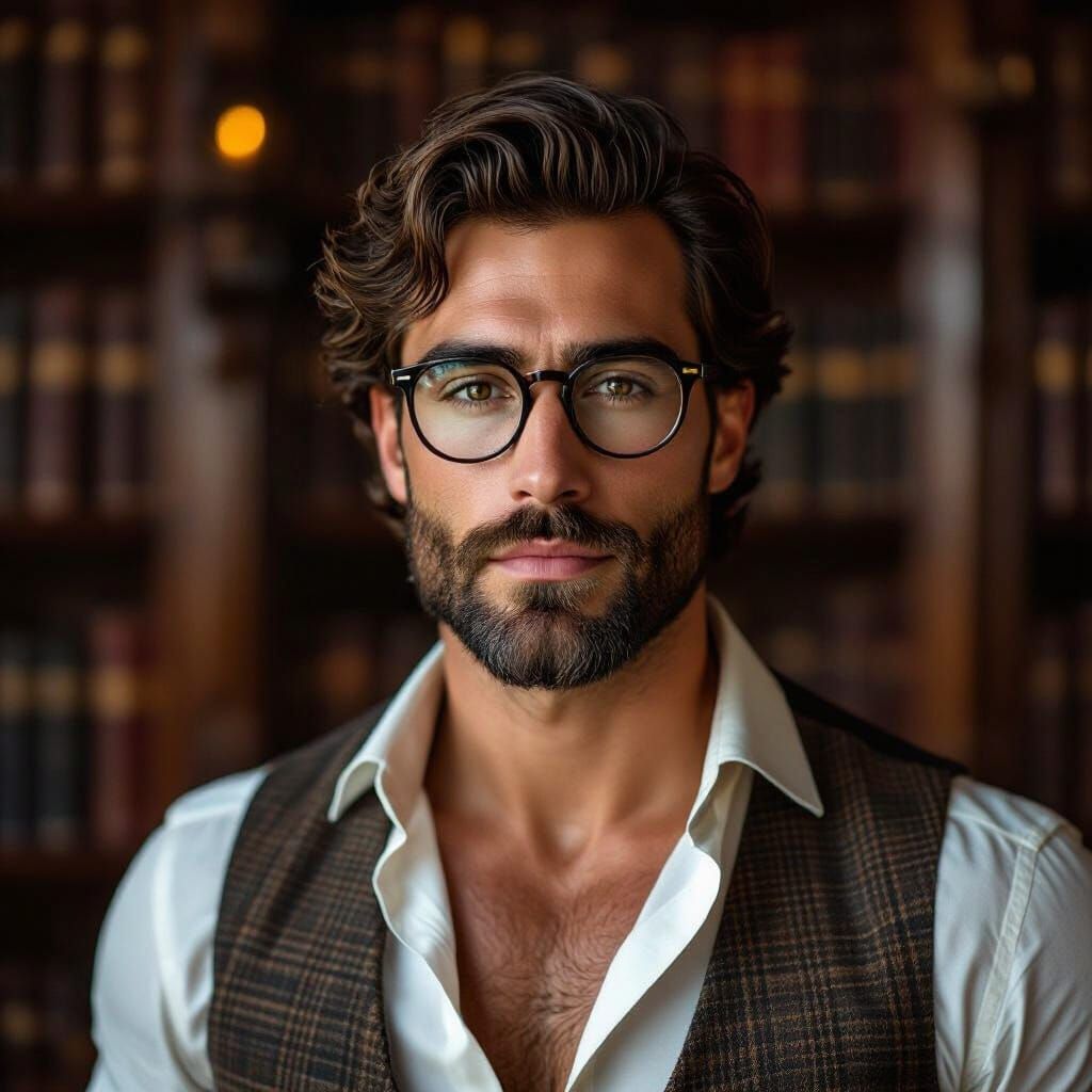 Confident Man in Library, Realistic Portrait