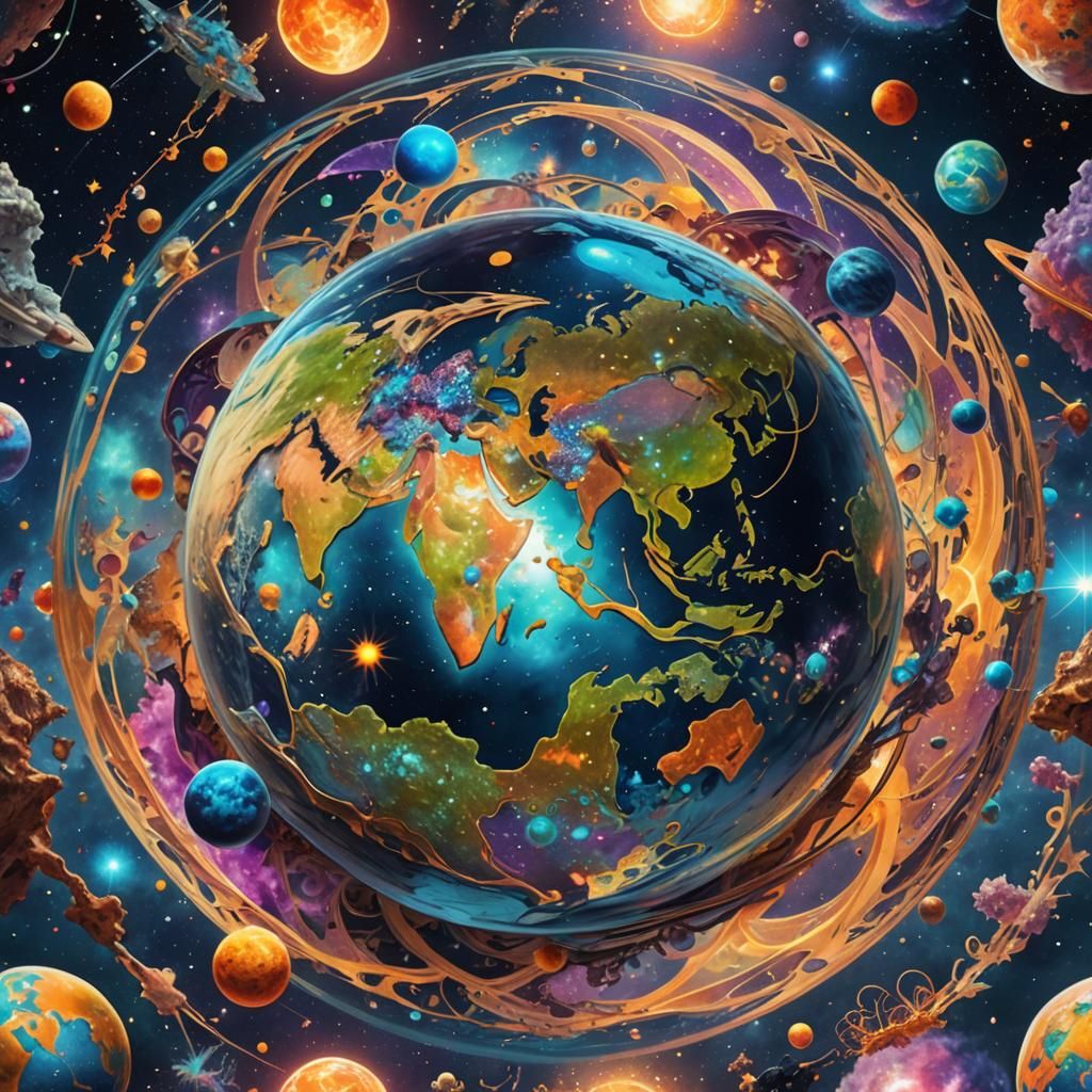 Holographic Earth: A Cosmic Mixed Media Illustration