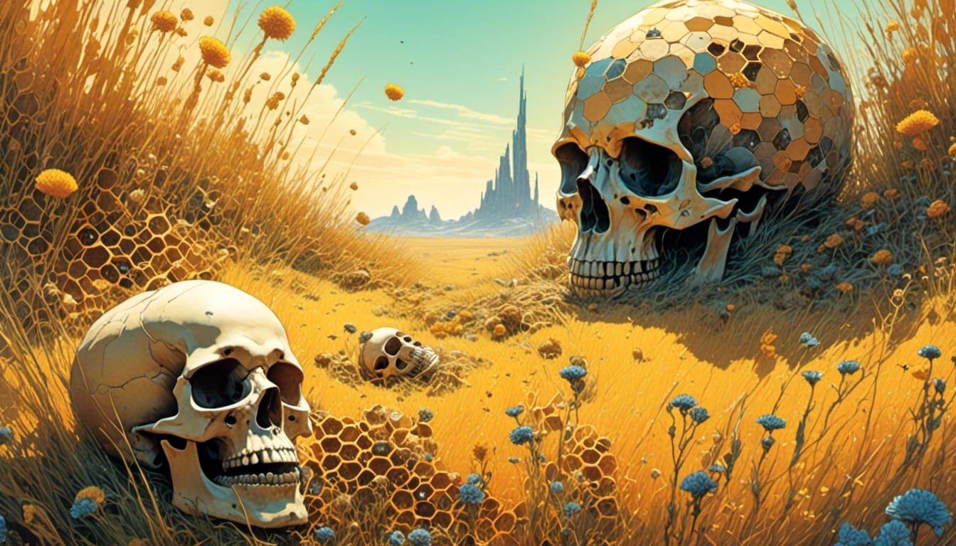 Skull Honeycomb Meadow in Ethereal Surrealism