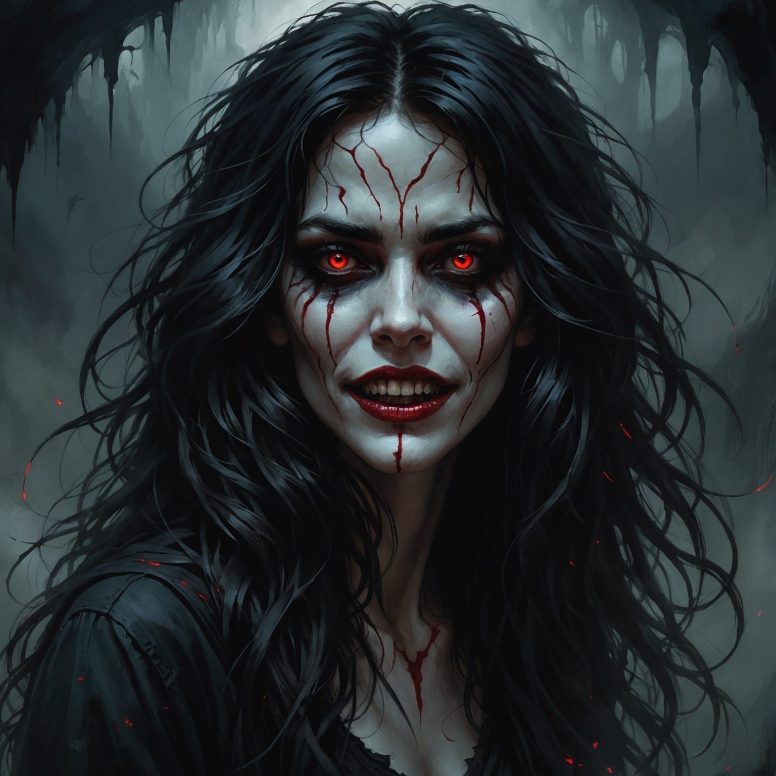 Ethereal Gothic Woman with Red Eyes, Digital Art