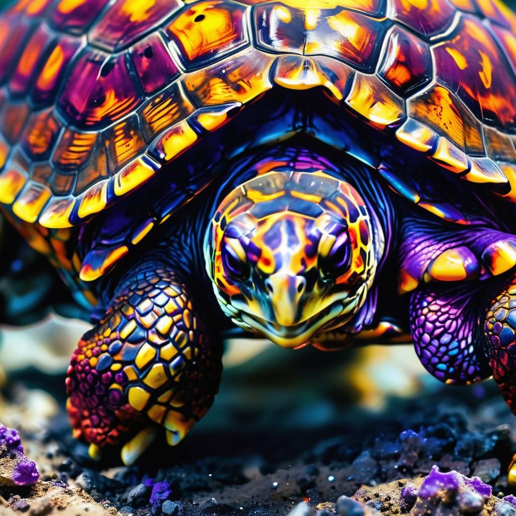 Surreal Macro Shot of a Fiery Tortoise in Art Nouveau Style