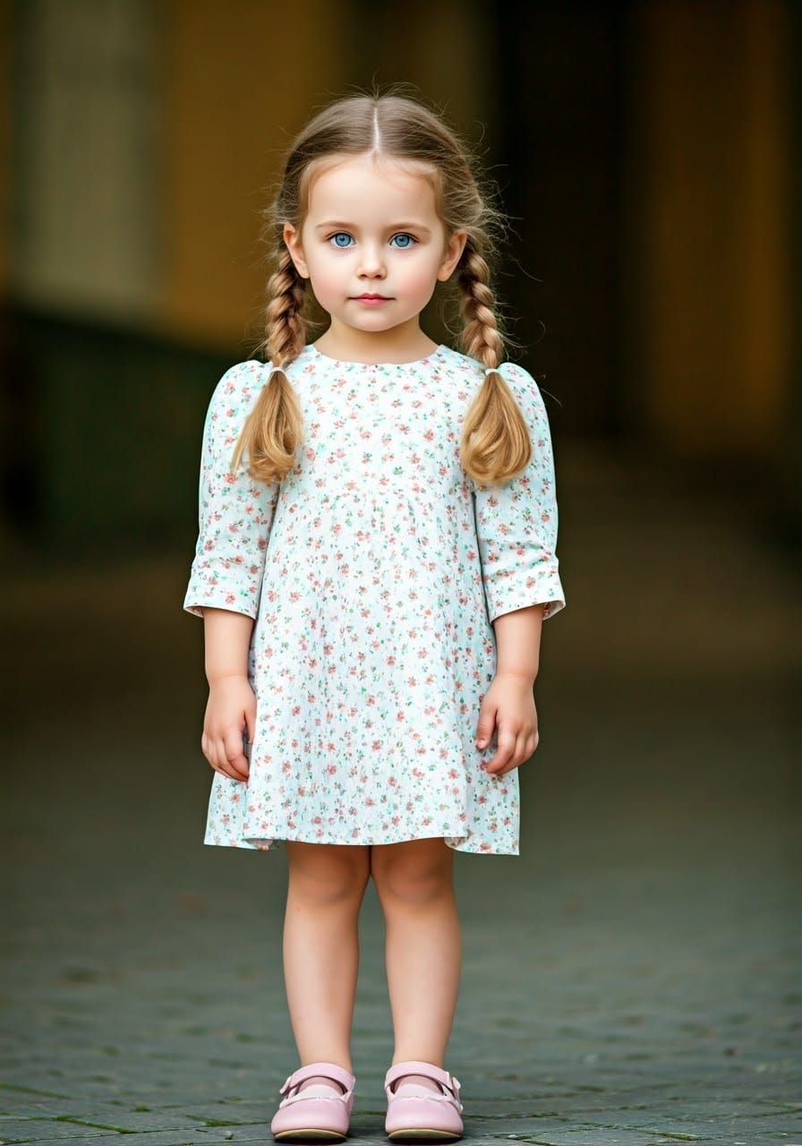 Charming Jewish Girl with Blonde Braids in White Dress