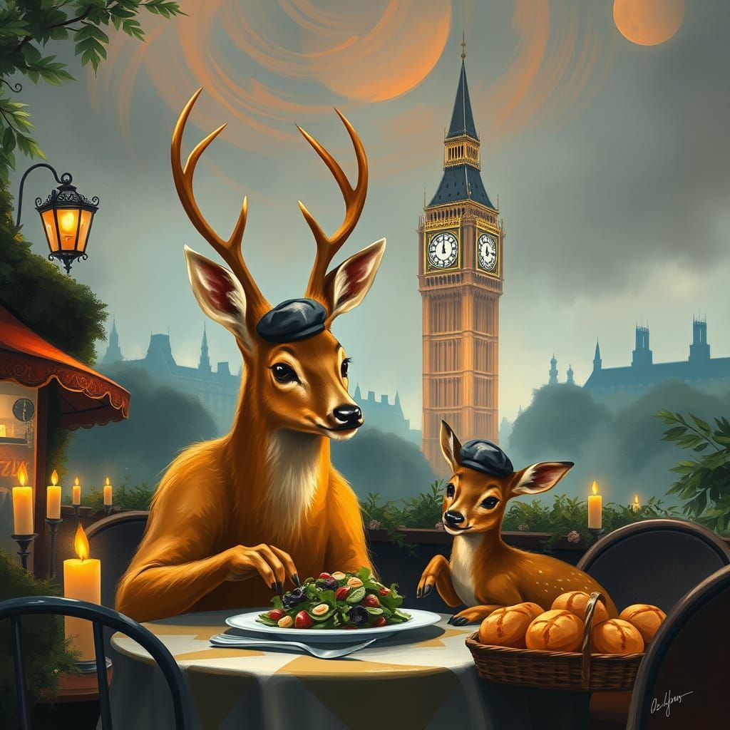Mother Deer and Baby Enjoying Dinner in London Cafe