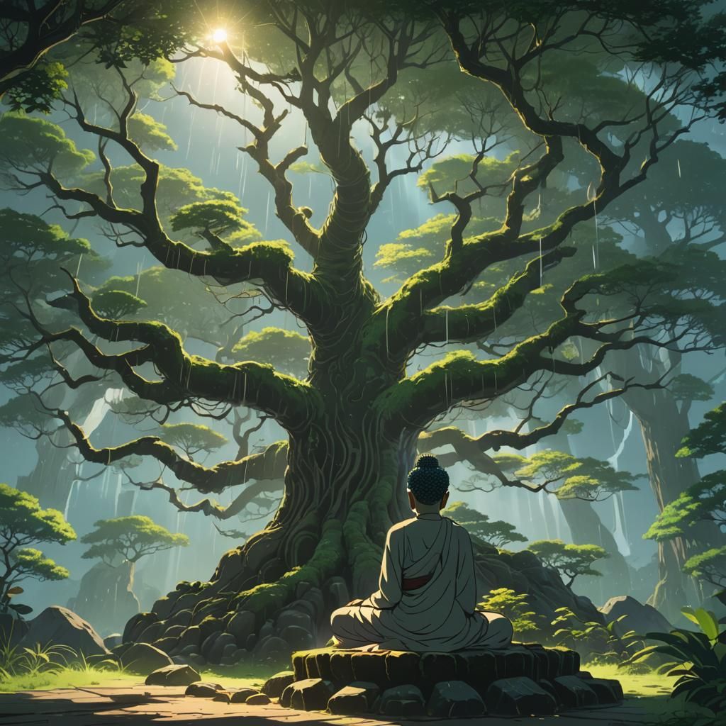 Buddha Meditating in Hurricane: Studio Ghibli Anime