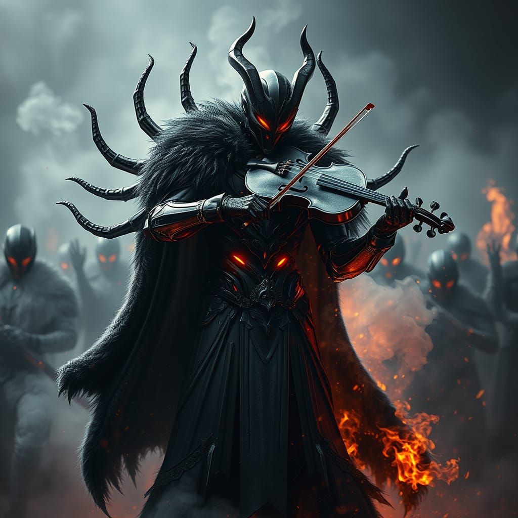 Robot-Demon Warrior with Shadow Hands Playing Violin