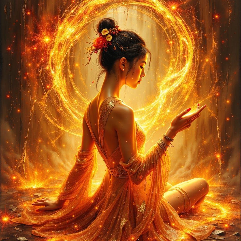 spirographing, in the style of feminine portraiture, dark orange and light gold, asian-inspired motifs,