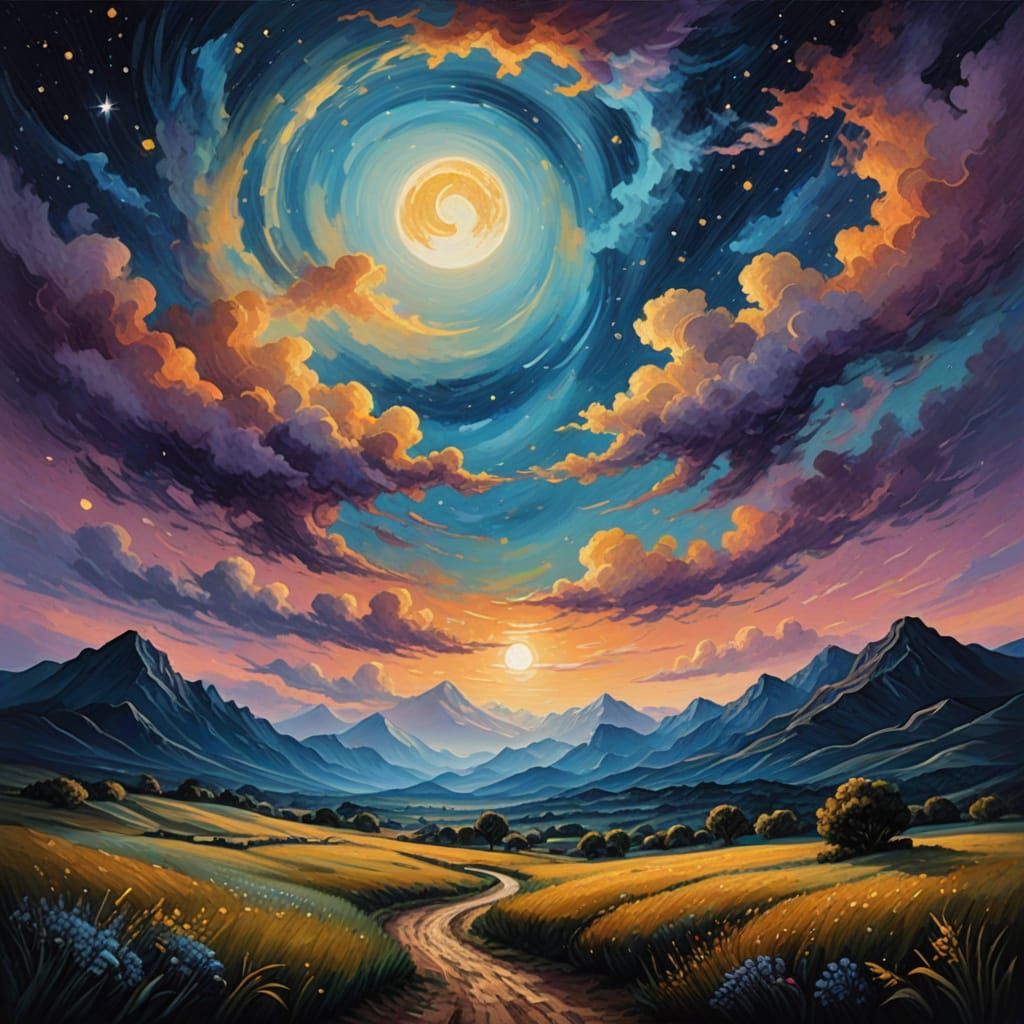 Dreamy Landscape Under Vibrant, Swirling Night Sky with Cres...