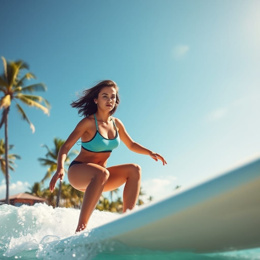 Young Woman Surfing in Hyperrealistic Style
