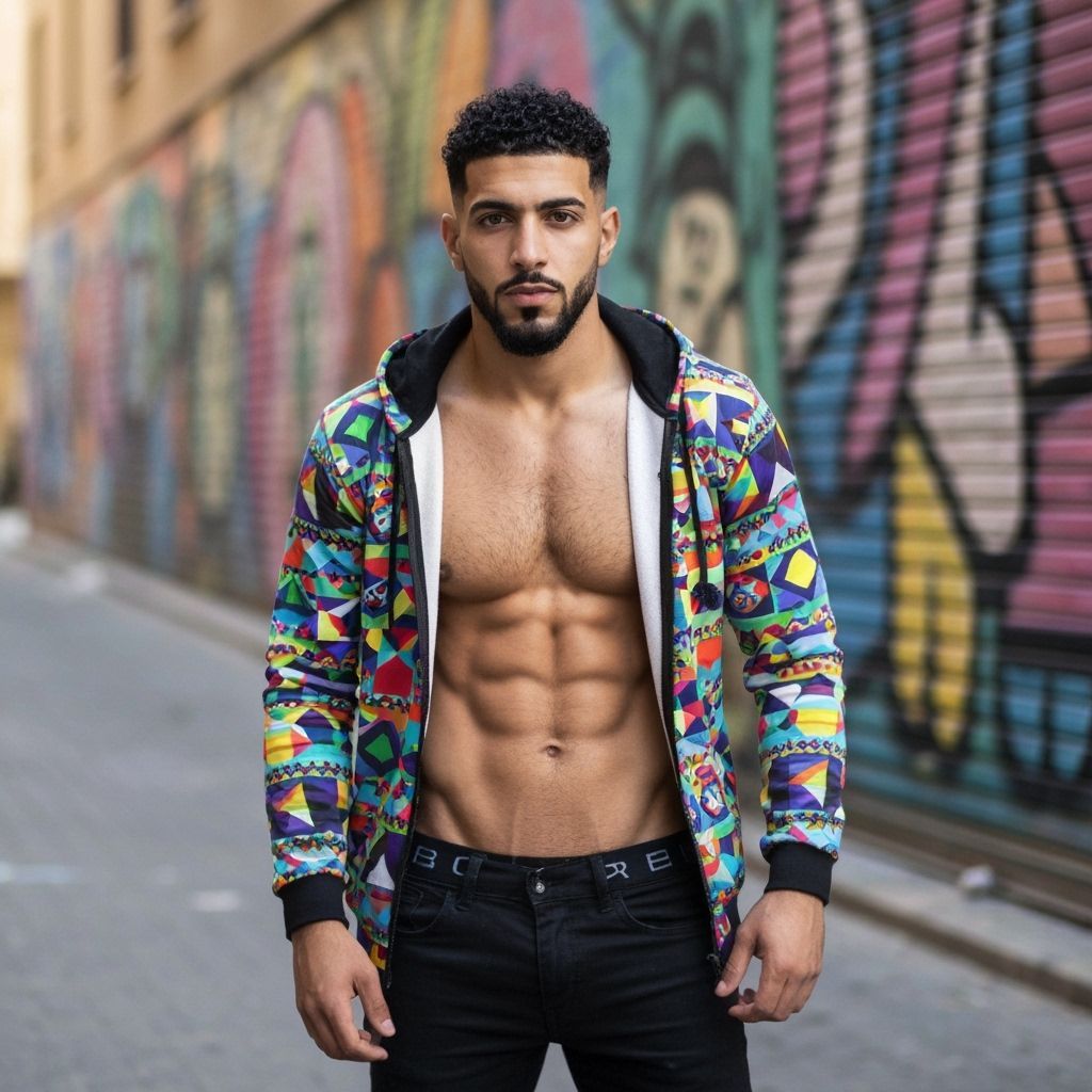 Arab Man Poses Confidently Before Vibrant Graffiti Wall