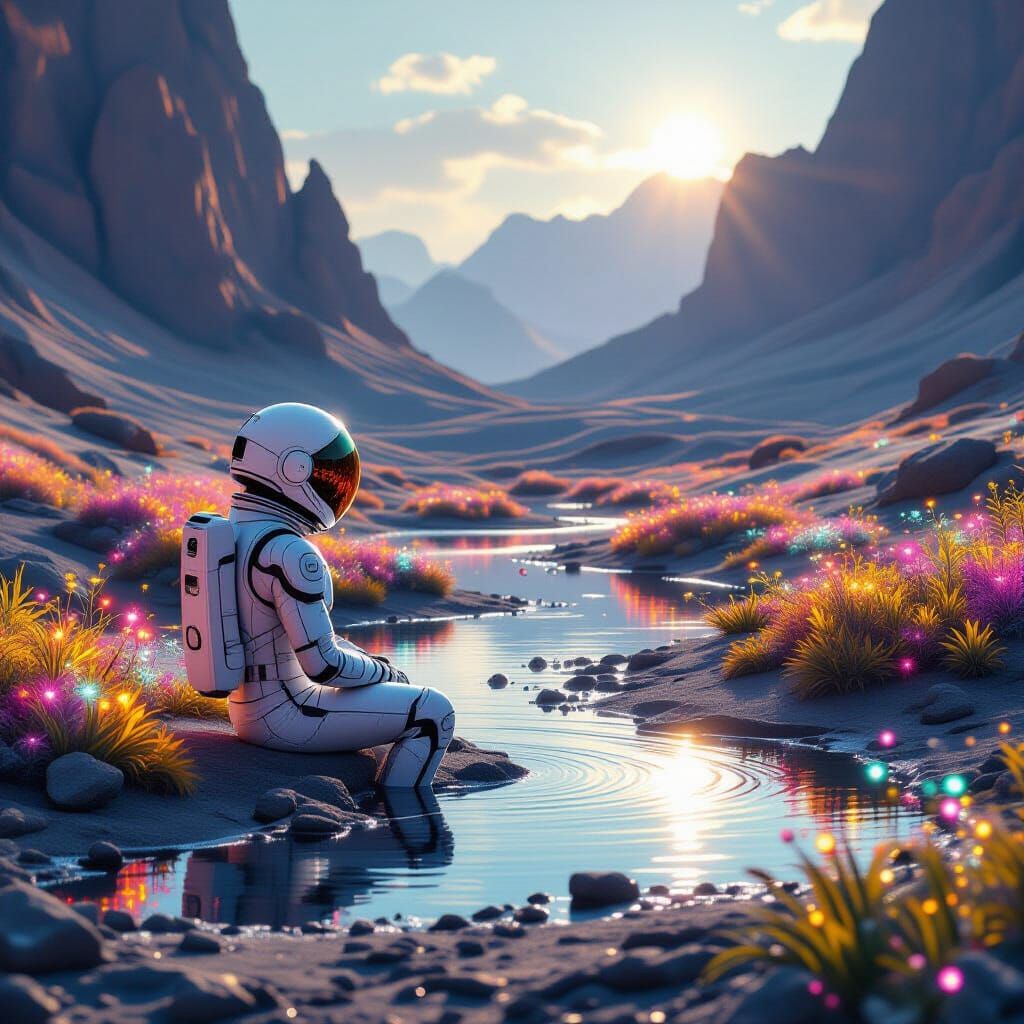 Astronaut Discovers Serene Bioluminescent Oasis on Alien Wor...