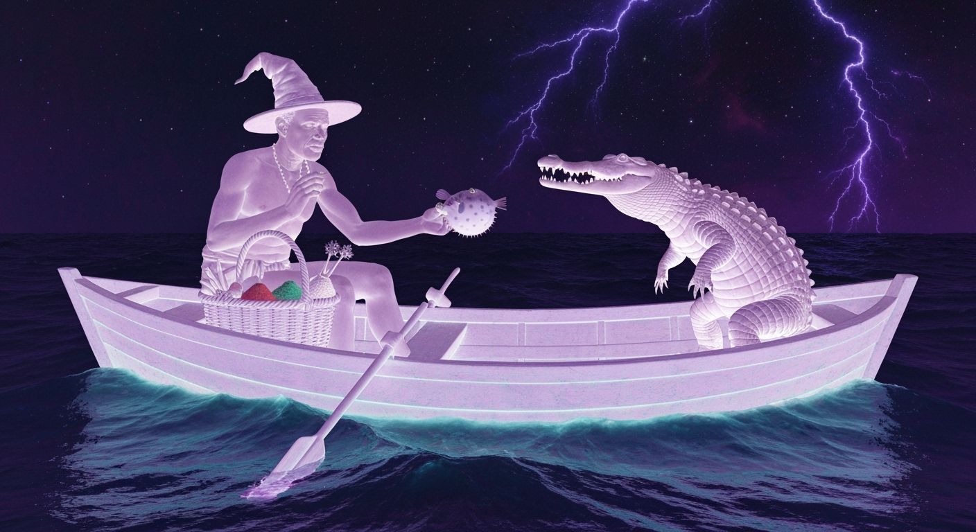 Voodoo Bokor in Stormy Sea with Crocodile and Pufferfish