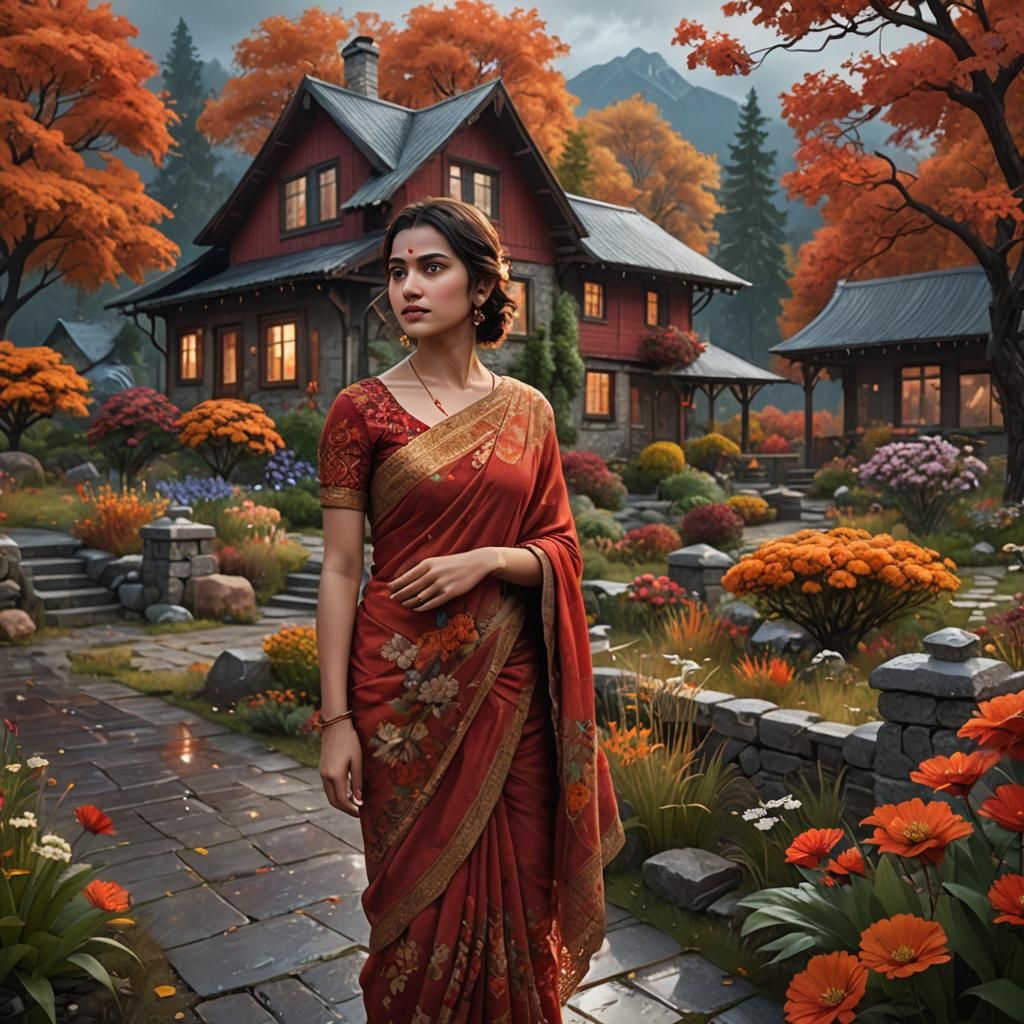 Woman in Saree in Autumn Garden, Digital Art