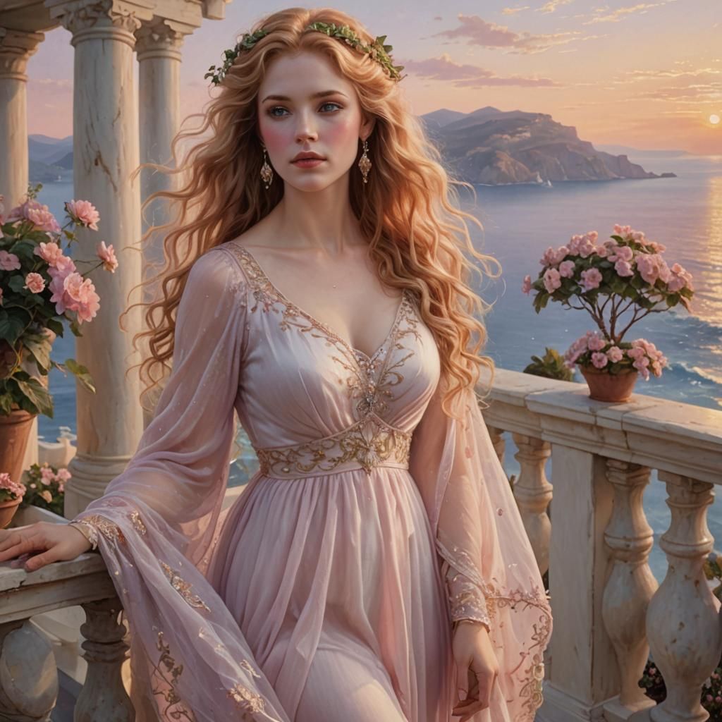 Woman on Greek Balcony at Sunrise