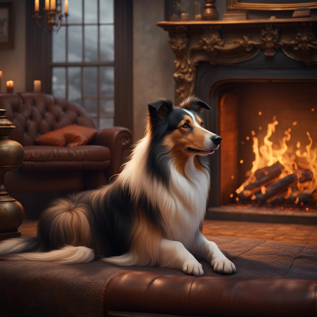 Collie Dog by Fireplace: Detailed Fantasy Art