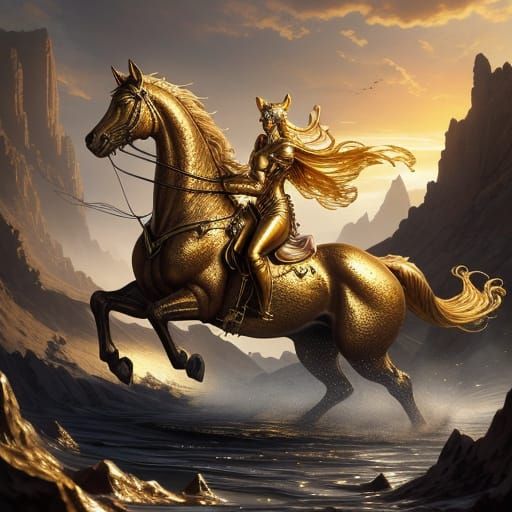 Golden Warhorse on Honey Battlefield at Sunset