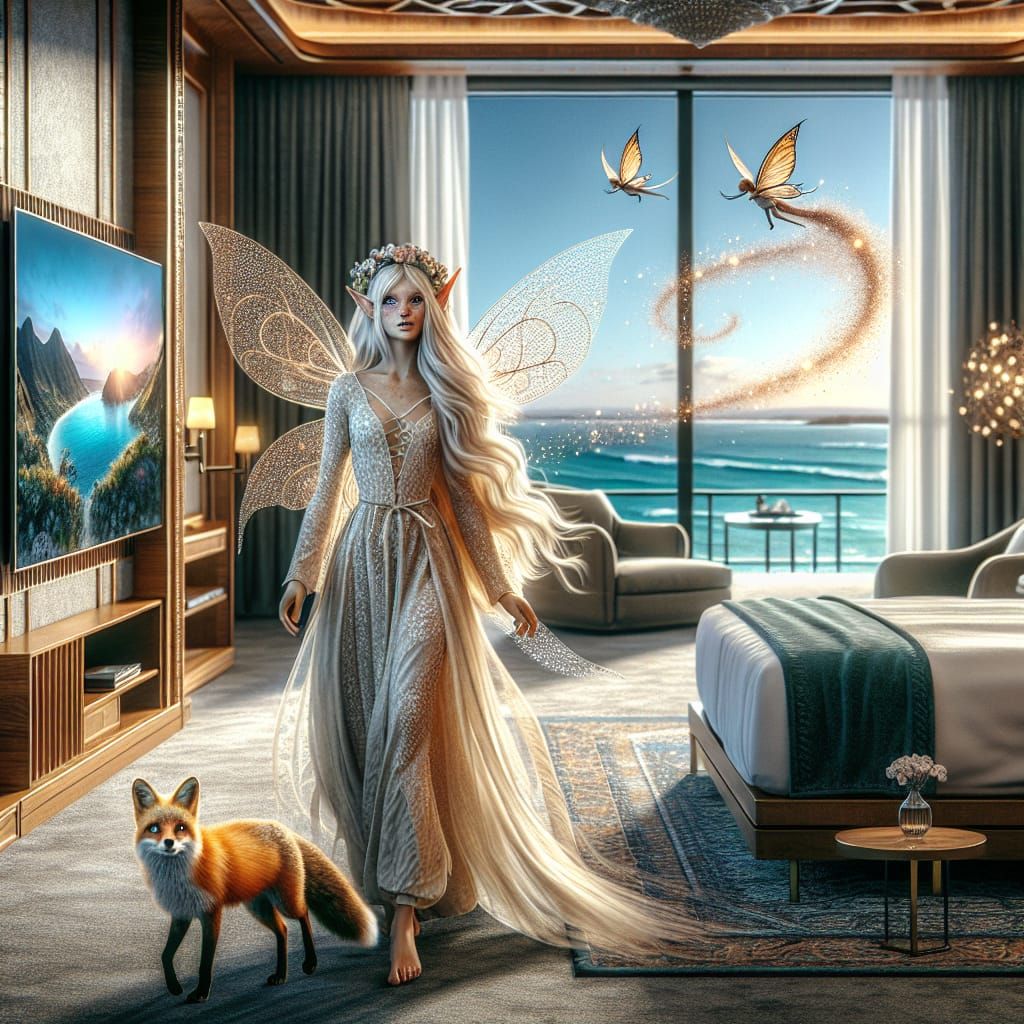 Elf Fairy Arrives at Opulent Hotel, Digital Art