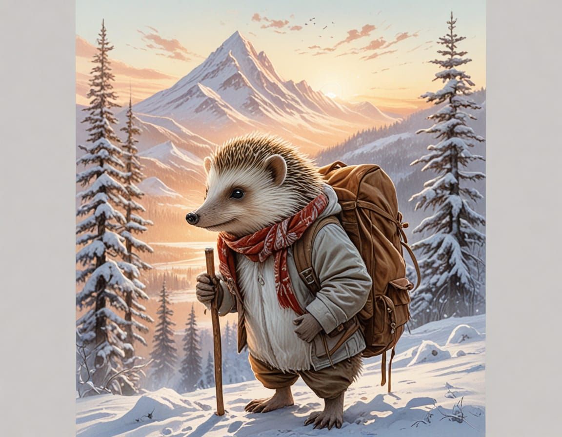 Hedgehog Traveler in Snowy Mountains at Sunset