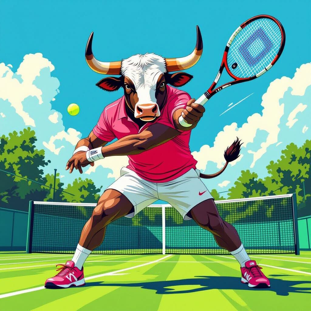 Humanoid Bull Plays Tennis in Vibrant Style